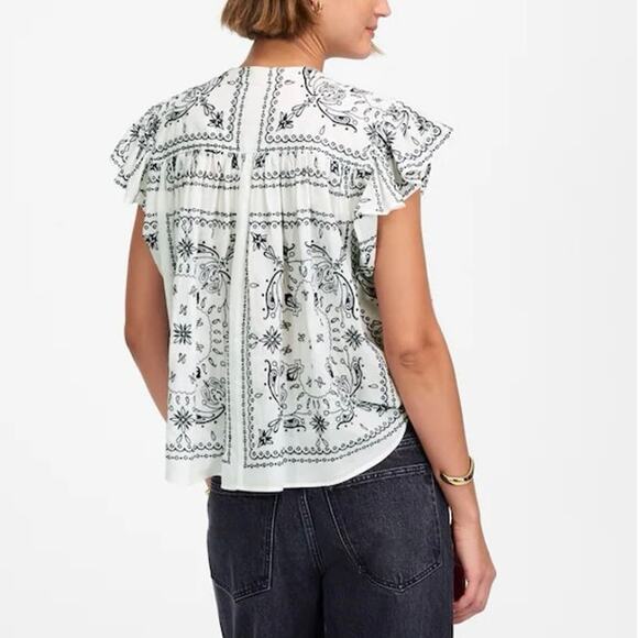 NWT Madewell Embroidered Poplin Shirred Button-Up Shirt White Dark Navy Medium - Picture 2 of 10